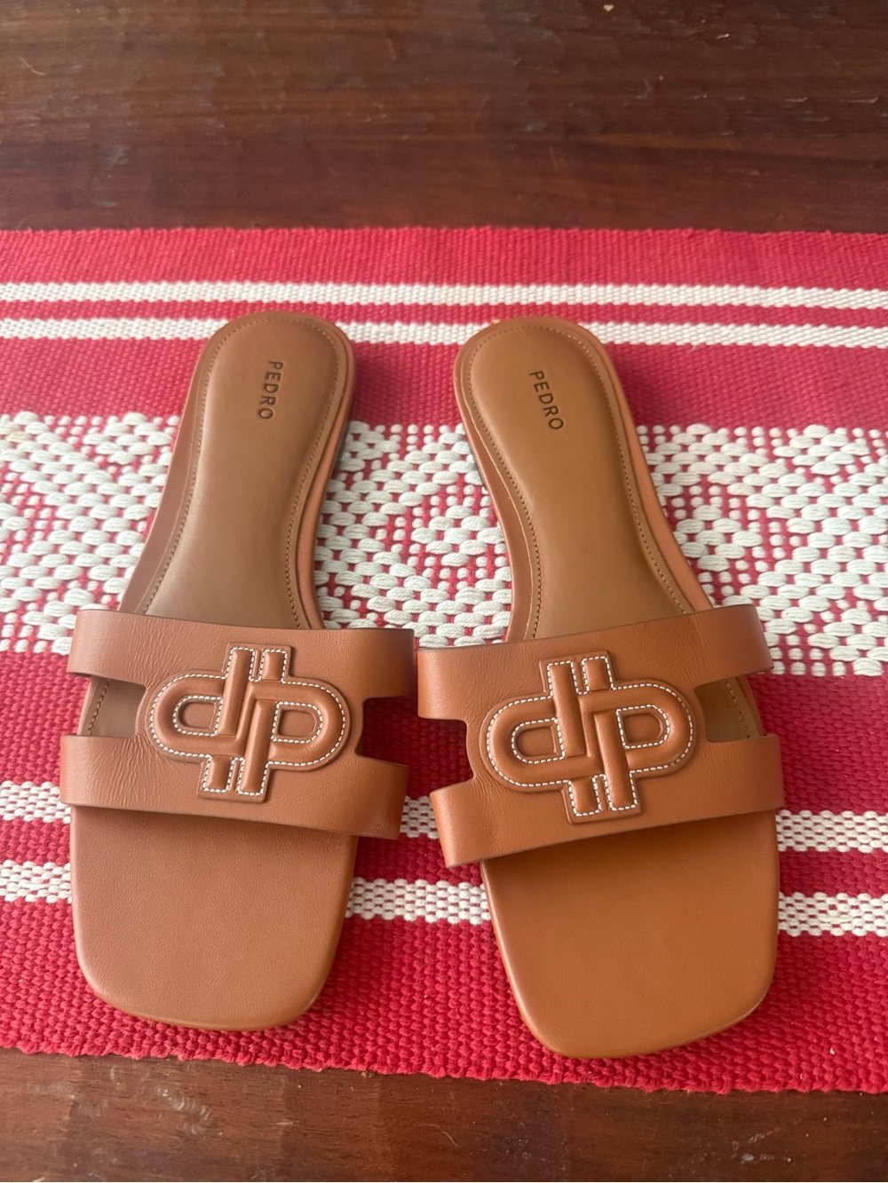 Pedro Tan Leather Slide Sandals with Logo Accent